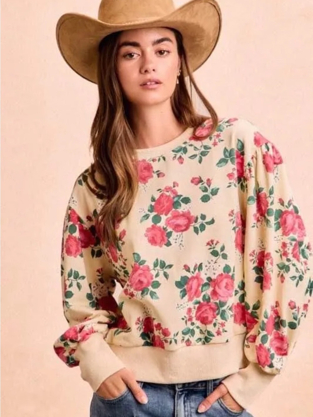 NWT BiBi Vintage Rose Floral Balloon Sleeves Sweatshirt Size L